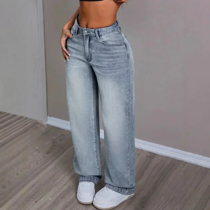 Jeans Baggy Taille Haute Femme Bleu Clair