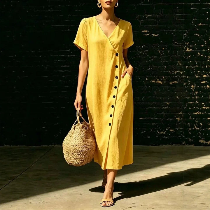 Robe Midi Clarisa™ Avec Décolleté En V Et Boutons Élégants