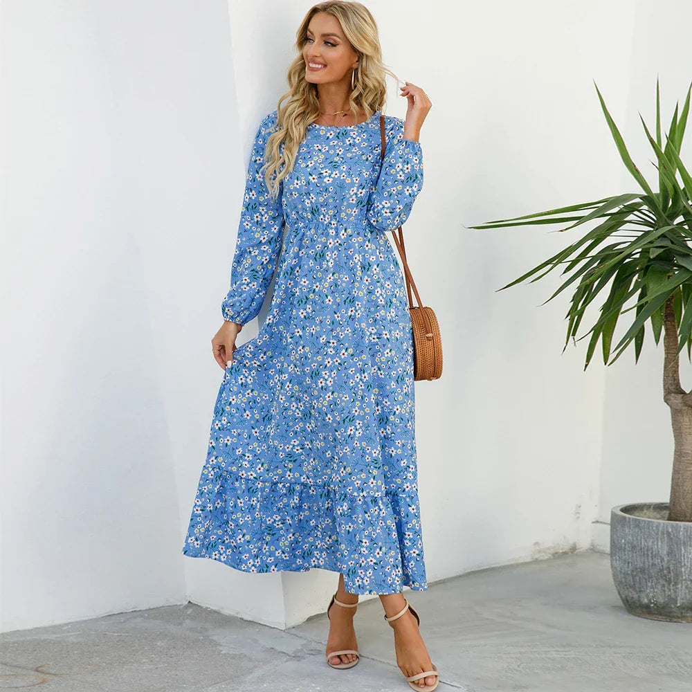 Robe maxi Boho à fleurs pour femmes | Manches longues