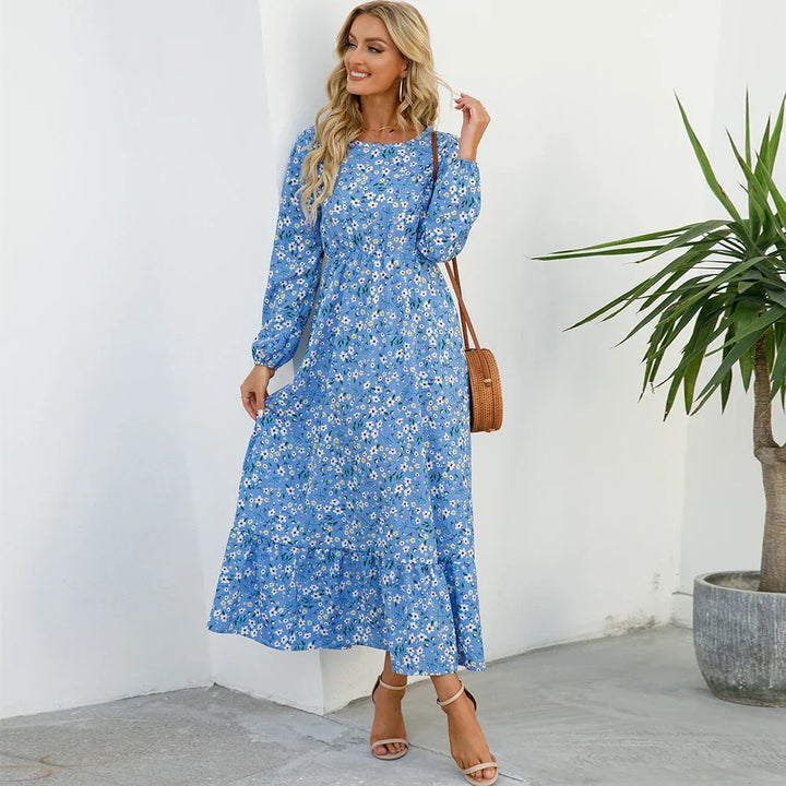 Robe maxi Boho à fleurs pour femmes | Manches longues