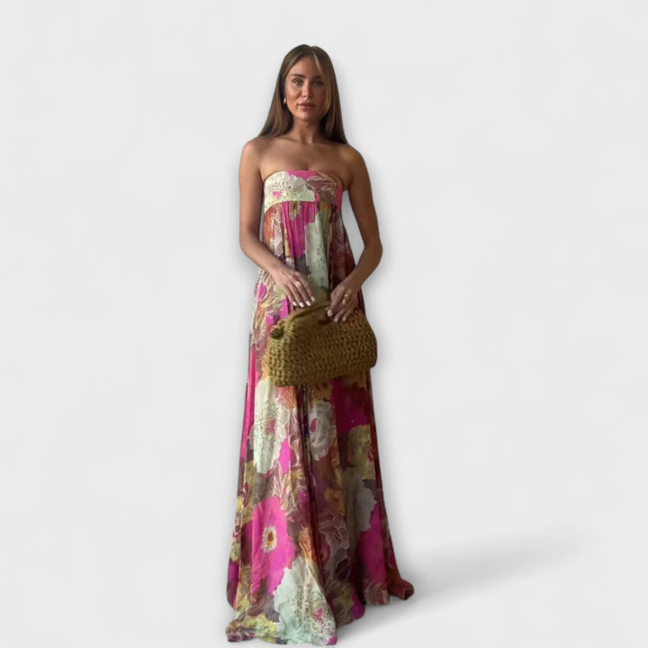 Robe Maxi Plissée Retro Sans Bretelles Élégante