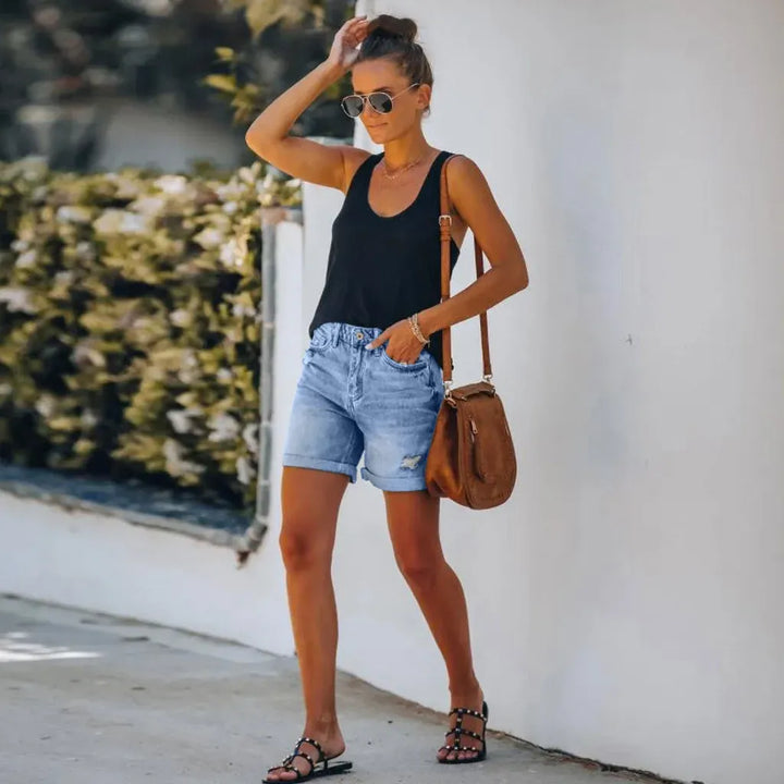 Shorts en jean taille haute avec ourlet retourné pour femmes | Idéal pour l'été et les sorties décontractées
