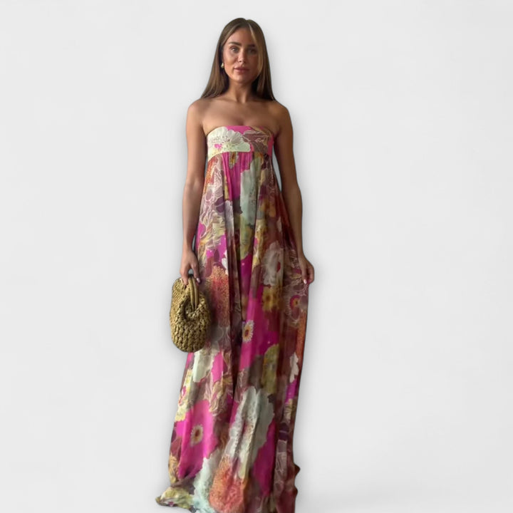 Robe Maxi Plissée Retro Sans Bretelles Élégante