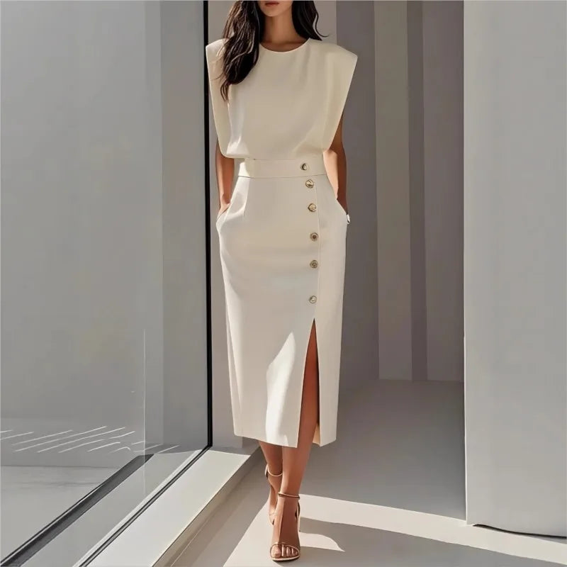 Robe Midi Maelle™ Avec Épaules Structurées, Boutons Latéraux Et Fente Avant