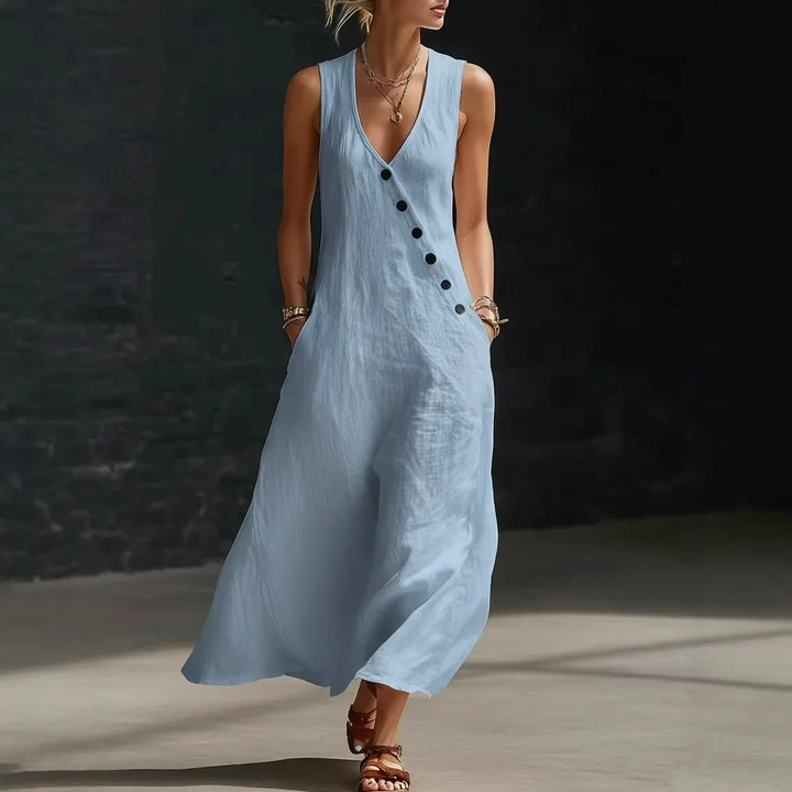 Robe Midi Antonella™ avec Boutons Élégants et Décolleté en V