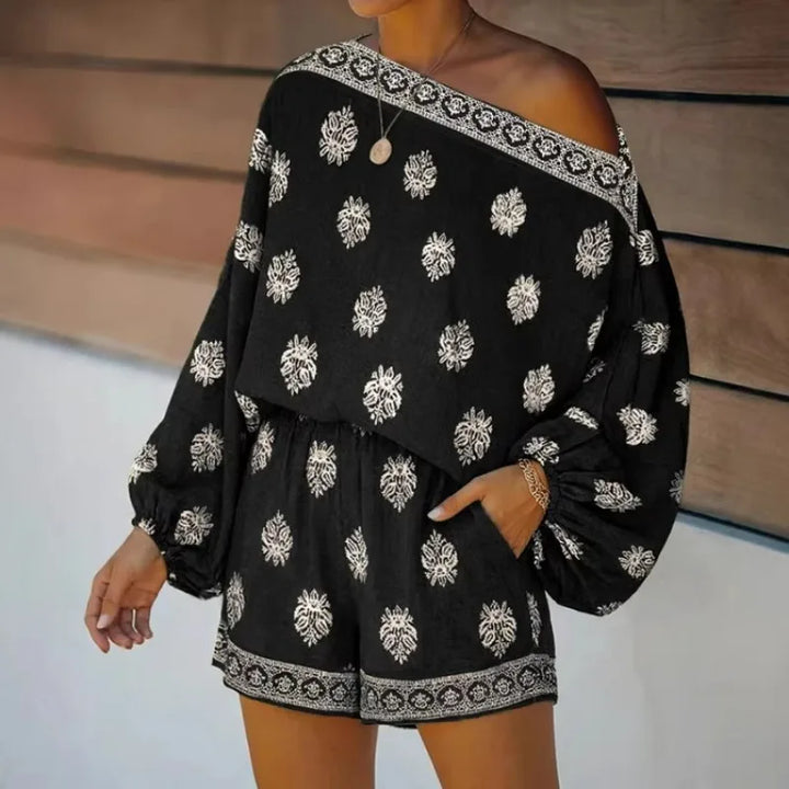 Maravie™ Combinaison Courte Avec Décolleté Bardot Et Motif Boho-Chic