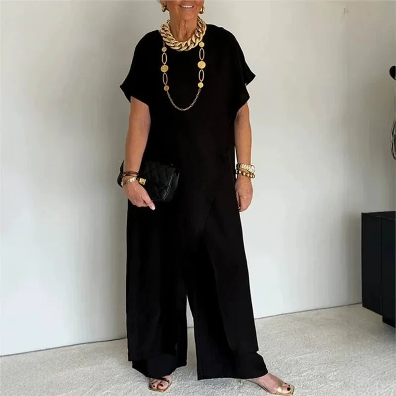 Aurenya™ Ensemble Avec Tunique Asymétrique et Pantalon Flottant
