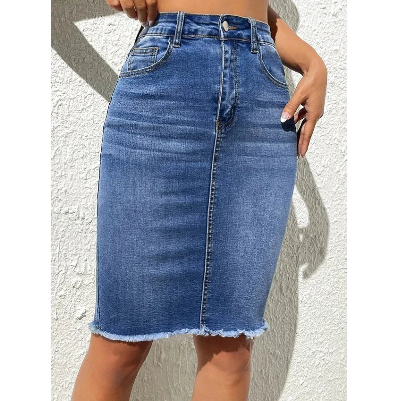 Jupe en Jean Crayon Taille Haute Longueur Genou Femme