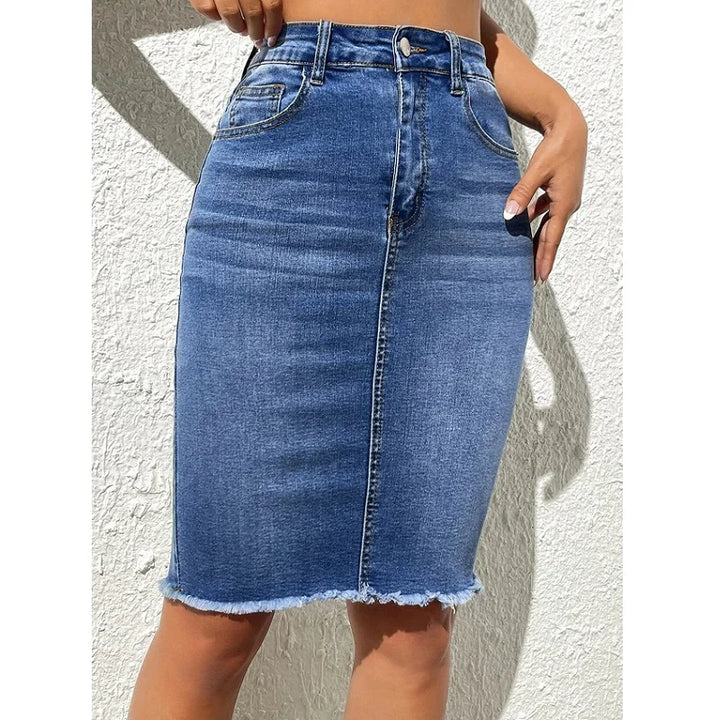 Jupe en Jean Crayon Taille Haute Longueur Genou Femme