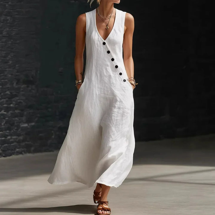Robe Midi Antonella™ avec Boutons Élégants et Décolleté en V