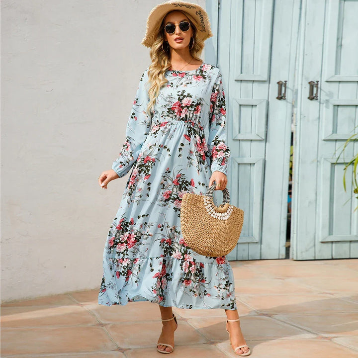 Robe maxi Boho à fleurs pour femmes | Manches longues