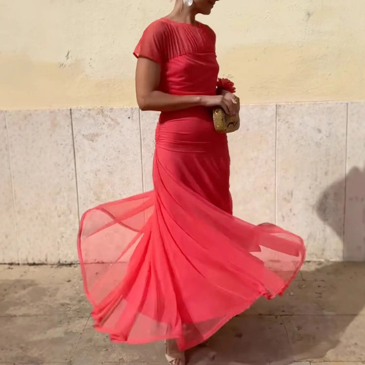 Robe Maxi Athen™ avec manches courtes transparentes et jupe à volants