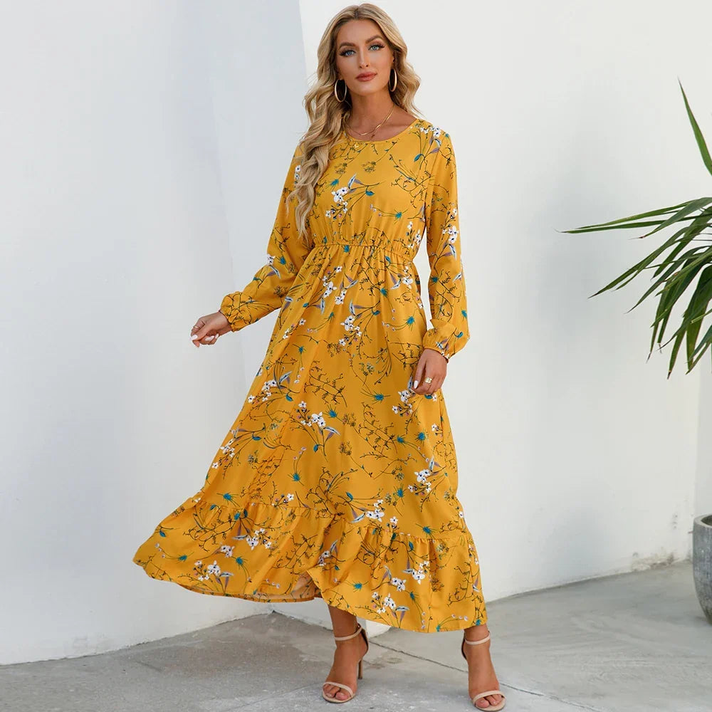 Robe maxi Boho à fleurs pour femmes | Manches longues