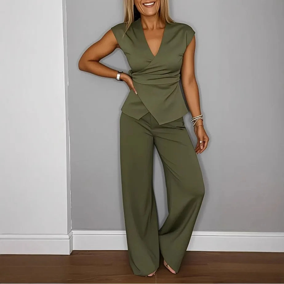 Ensemble Valerisse™ avec Blouse Croisée et Pantalon Palazzo