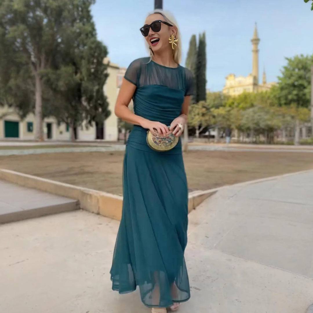 Robe Maxi Athen™ avec manches courtes transparentes et jupe à volants