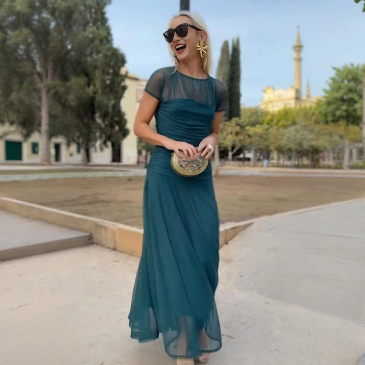 Robe Maxi Athen™ avec manches courtes transparentes et jupe à volants
