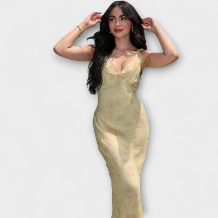 Robe maxi avec un motif floral mystérieux et un décolleté plongeant