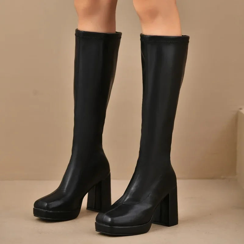 Bottes noires overknee pour femmes | Talon épais avec plateforme