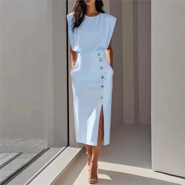 Robe Midi Maelle™ Avec Épaules Structurées, Boutons Latéraux Et Fente Avant