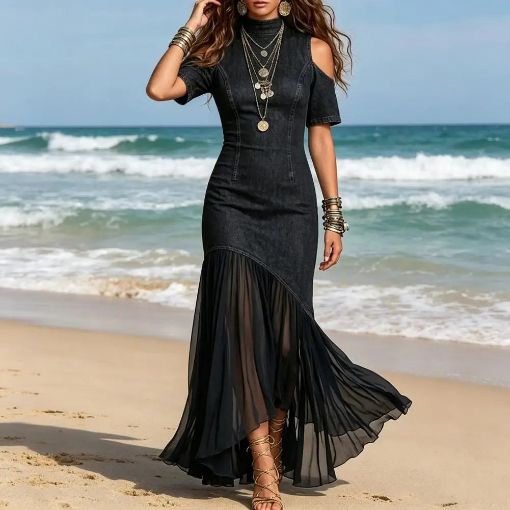 Robe Maxikleid Montclair™ en Denim Premium avec Manches Débardeurs et Jupe Transparente Fluide