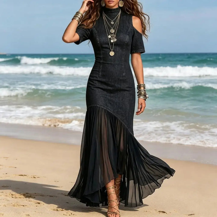 Robe Maxikleid Montclair™ en Denim Premium avec Manches Débardeurs et Jupe Transparente Fluide