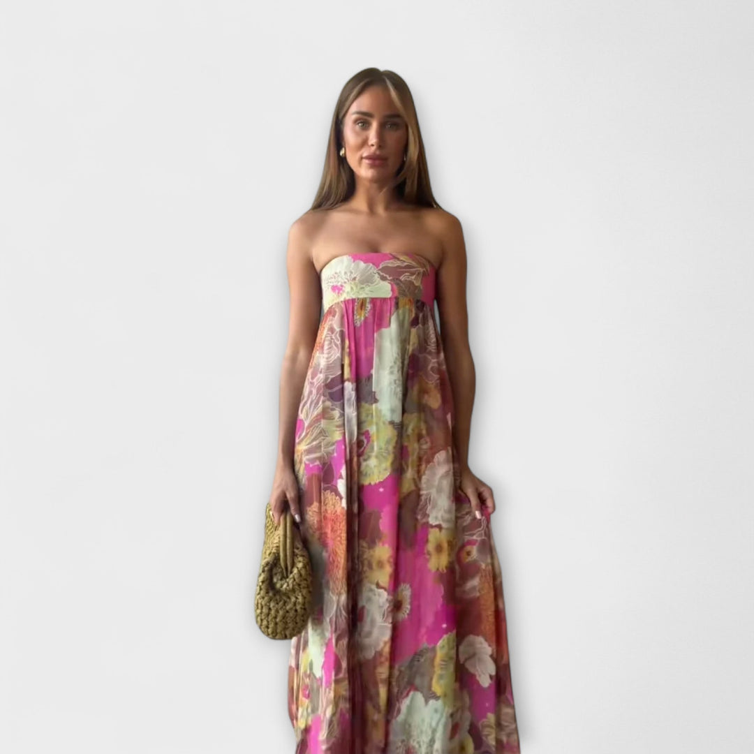 Robe Maxi Plissée Retro Sans Bretelles Élégante