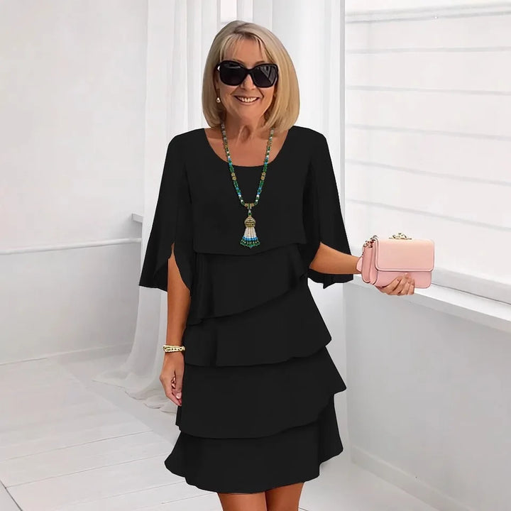 Robe midi Lara™ avec jupe à volants en couches et manches 3/4 évasées avec fente