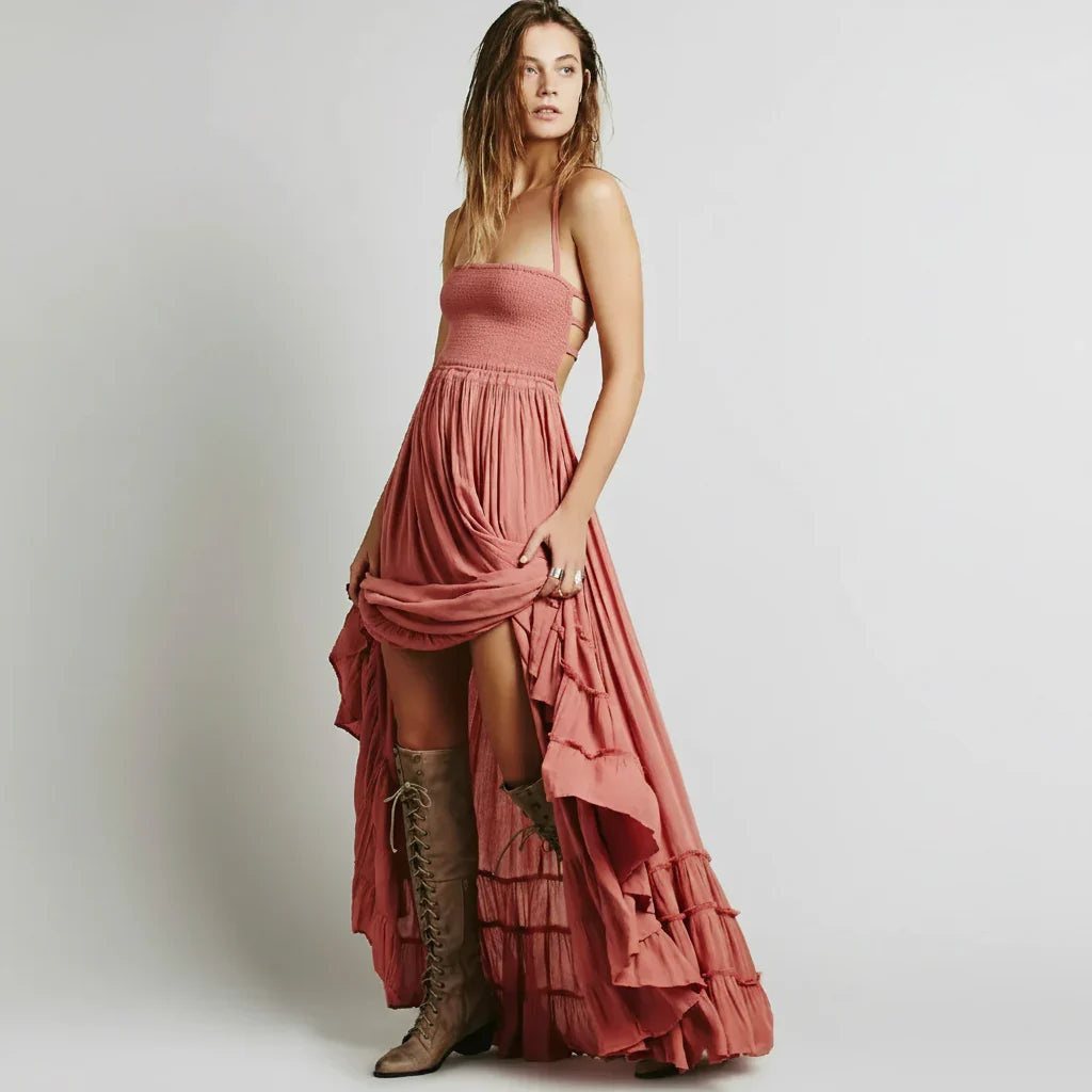 Robe d'Été Femme Longue Dos Nu Boho Maxi Robe Plage