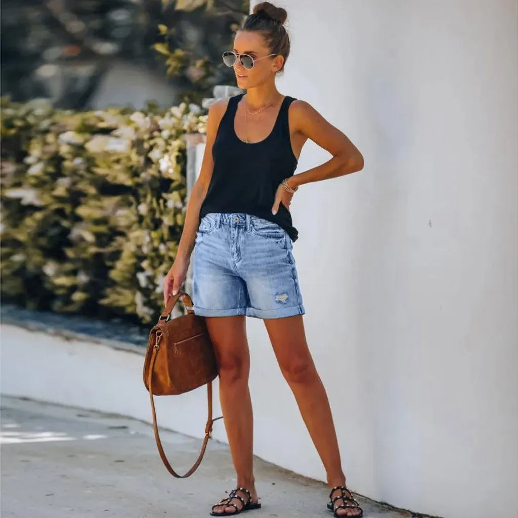 Shorts en jean taille haute avec ourlet retourné pour femmes | Idéal pour l'été et les sorties décontractées