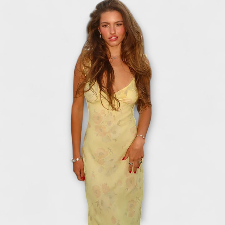 Robe maxi avec un motif floral mystérieux et un décolleté plongeant