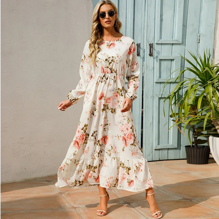 Robe maxi Boho à fleurs pour femmes | Manches longues