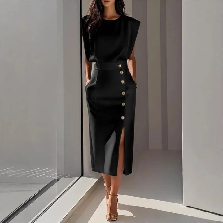 Robe Midi Maelle™ Avec Épaules Structurées, Boutons Latéraux Et Fente Avant