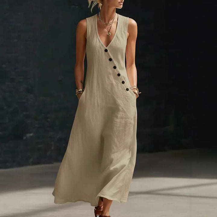 Robe Midi Antonella™ avec Boutons Élégants et Décolleté en V