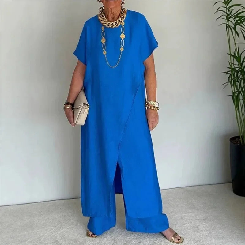 Aurenya™ Ensemble Avec Tunique Asymétrique et Pantalon Flottant
