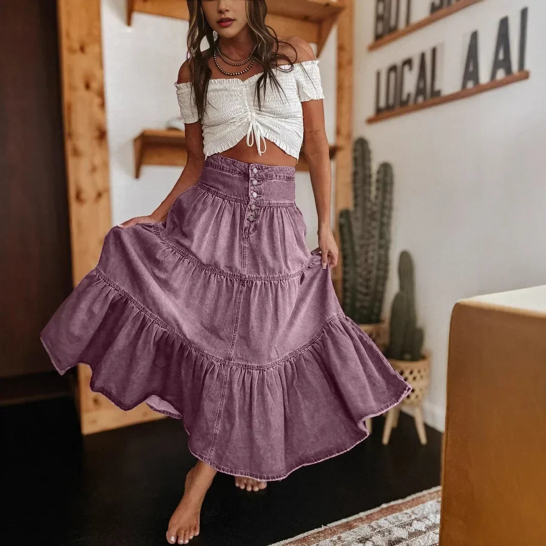 Jupe en Jean Belle Prairie™ avec des Niveaux Fluides en Look Usé