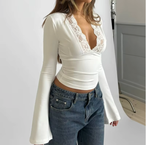T-shirt Femme Col V Ajusté Long