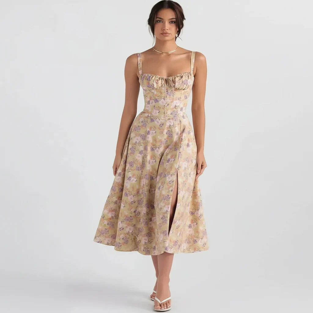 Linda | Robe Fleurie Femme Corset Fente Latérale Midi – Corset Fleurie Midi 2026