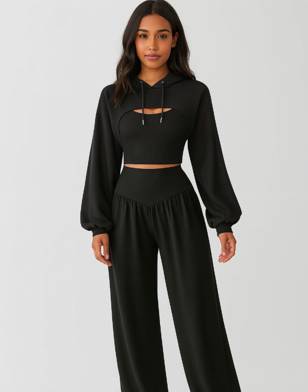 Ensemble 3 pièces pour femmes – Sweat à capuche, débardeur noué & pantalon de yoga taille haute