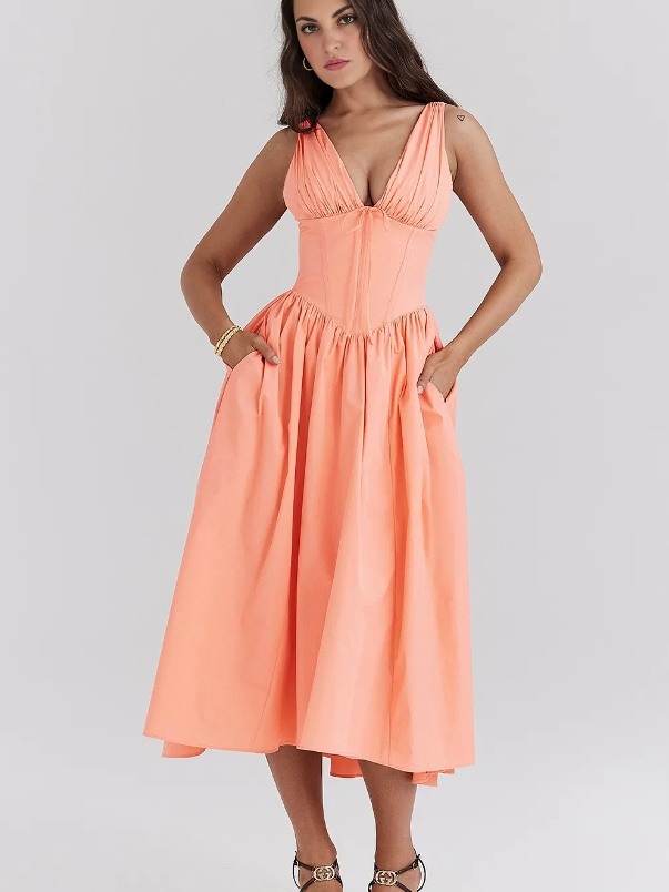Ariana - Robe midi avec décolleté en V, corset et jupe évasée