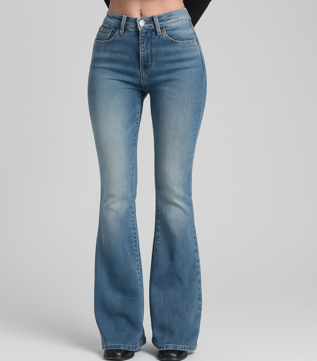 Sarah – Jean évasé pour femmes à taille haute au style vintage en denim stretch