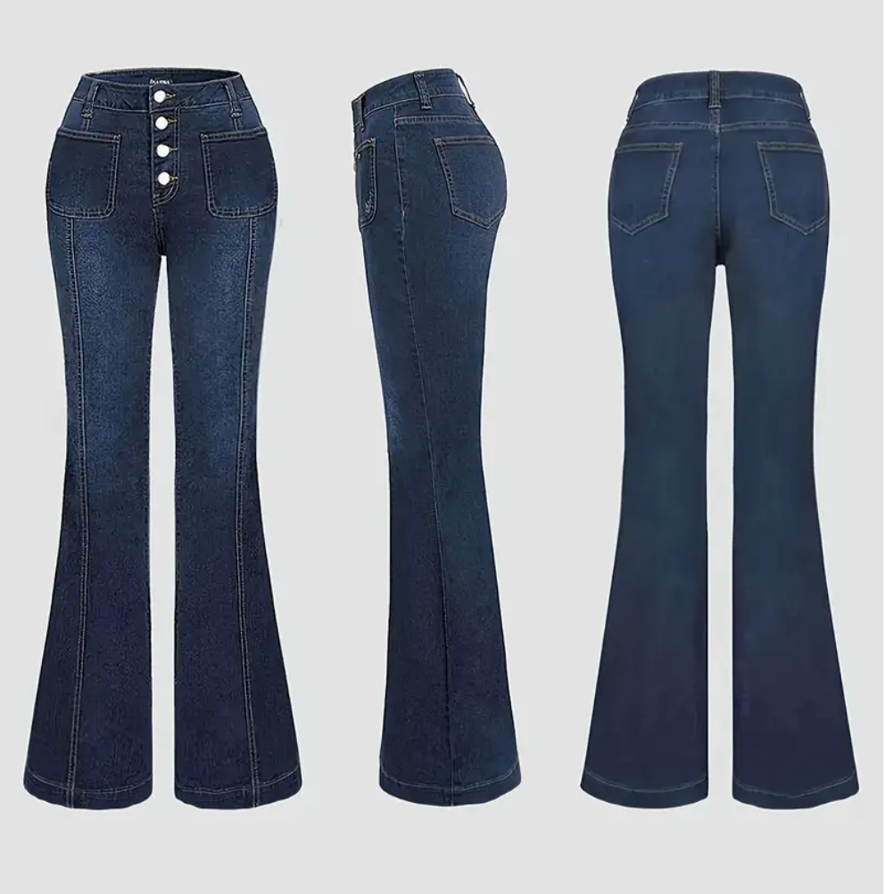 Merta – Jean évasé stretch pour femmes – Fermeture à bouton & coupe toutes saisons