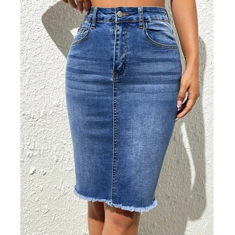 Jupe en Jean Crayon Taille Haute Longueur Genou Femme