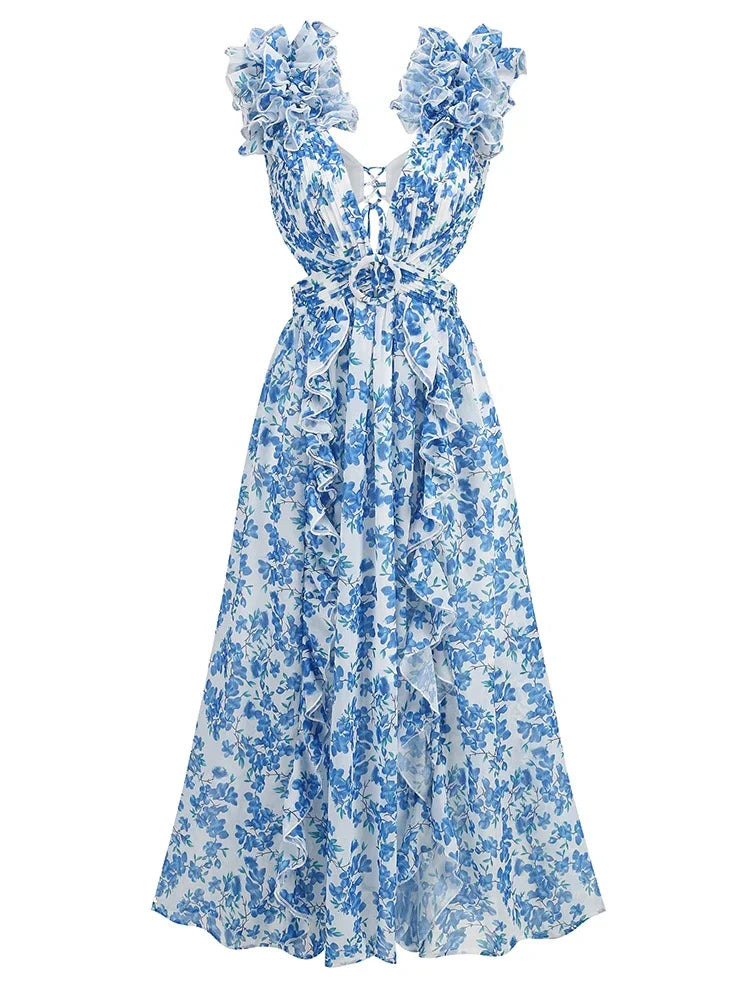 Daniela | Robe maxi avec décolleté à volants pour occasions élégantes