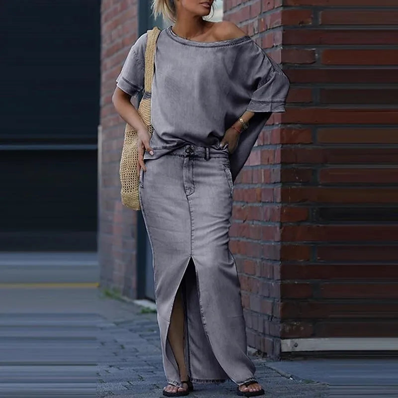 Ensemble Capri Bleu™ avec Haut Asymétrique et Jupe en Jean Légère