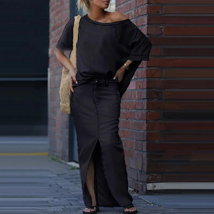 Ensemble Capri Bleu™ avec Haut Asymétrique et Jupe en Jean Légère