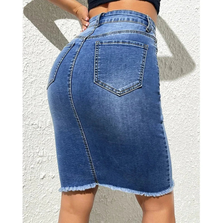Jupe en Jean Crayon Taille Haute Longueur Genou Femme