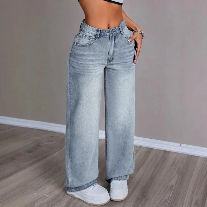 Jeans Baggy Taille Haute Femme Bleu Clair
