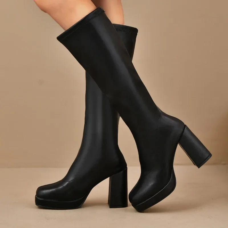 Bottes noires overknee pour femmes | Talon épais avec plateforme