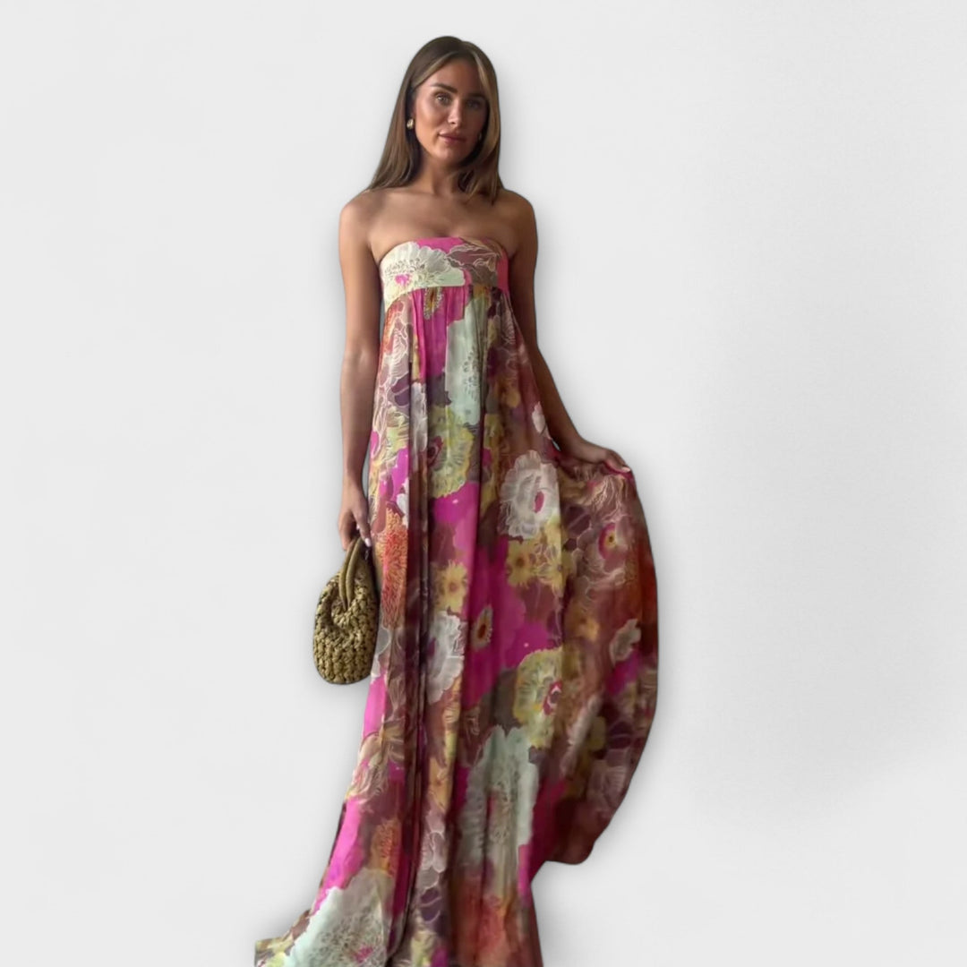 Robe Maxi Plissée Retro Sans Bretelles Élégante