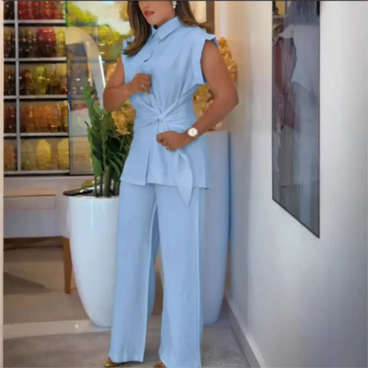 Ensemble pour femmes et chemisier en mélange de coton avec détail en nœud / Art de la couture contemporaine avec une touche féminine de précision !